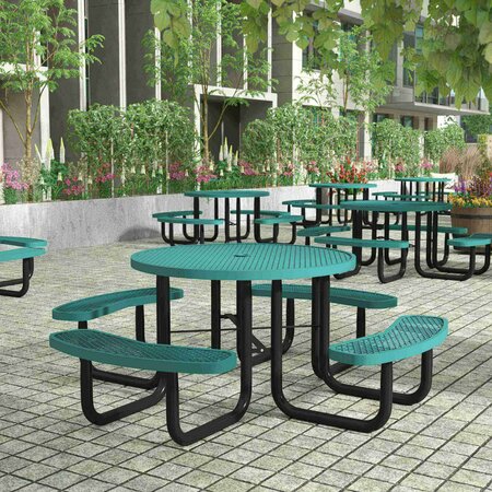FLASH FURNITURE Creekside 46 in Round Outdoor Picnic Table W/ Umbrella Hole, Black Top/Seat/Frame, Mesh Metal Top SLF-EMR46-H60L-GN-GG